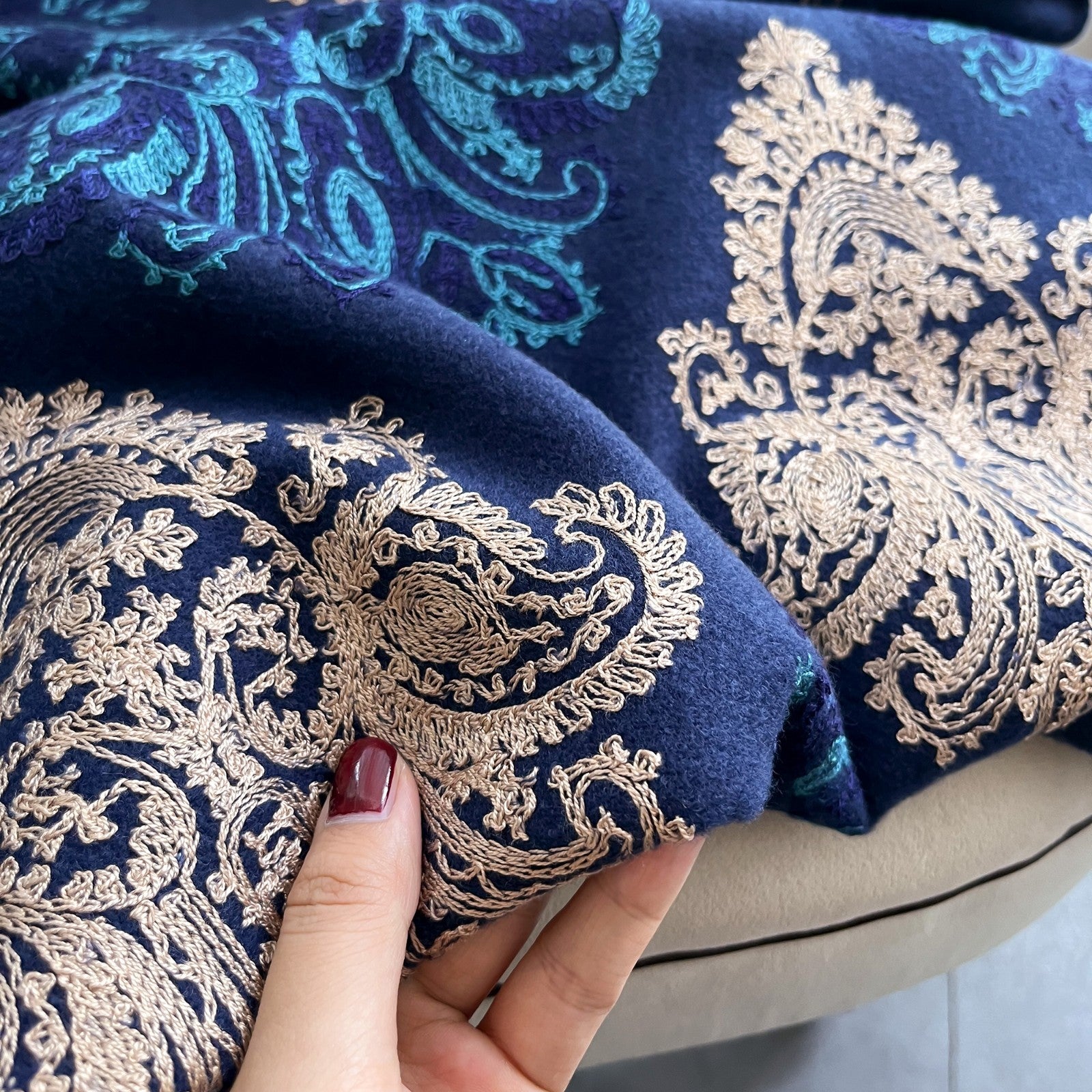 Cashmere Feel Embroidered Shawl Dark Blue Gold Teal | Ornate Floral Paisley | El