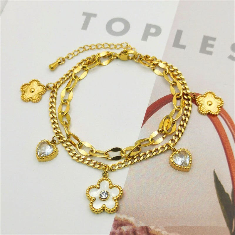 Yellow Gold Plated Double Layered Chain Charm Bracelet with Flowers & Hearts