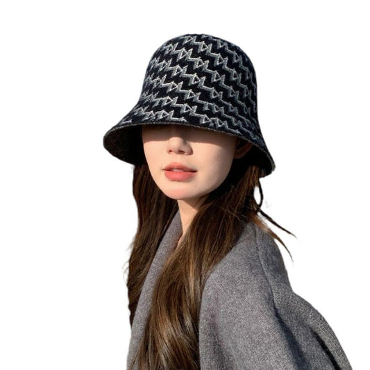 Women's Winter Knitted Bucket Hat Black Gray ZigZag Geometric Pattern Wool Blend
