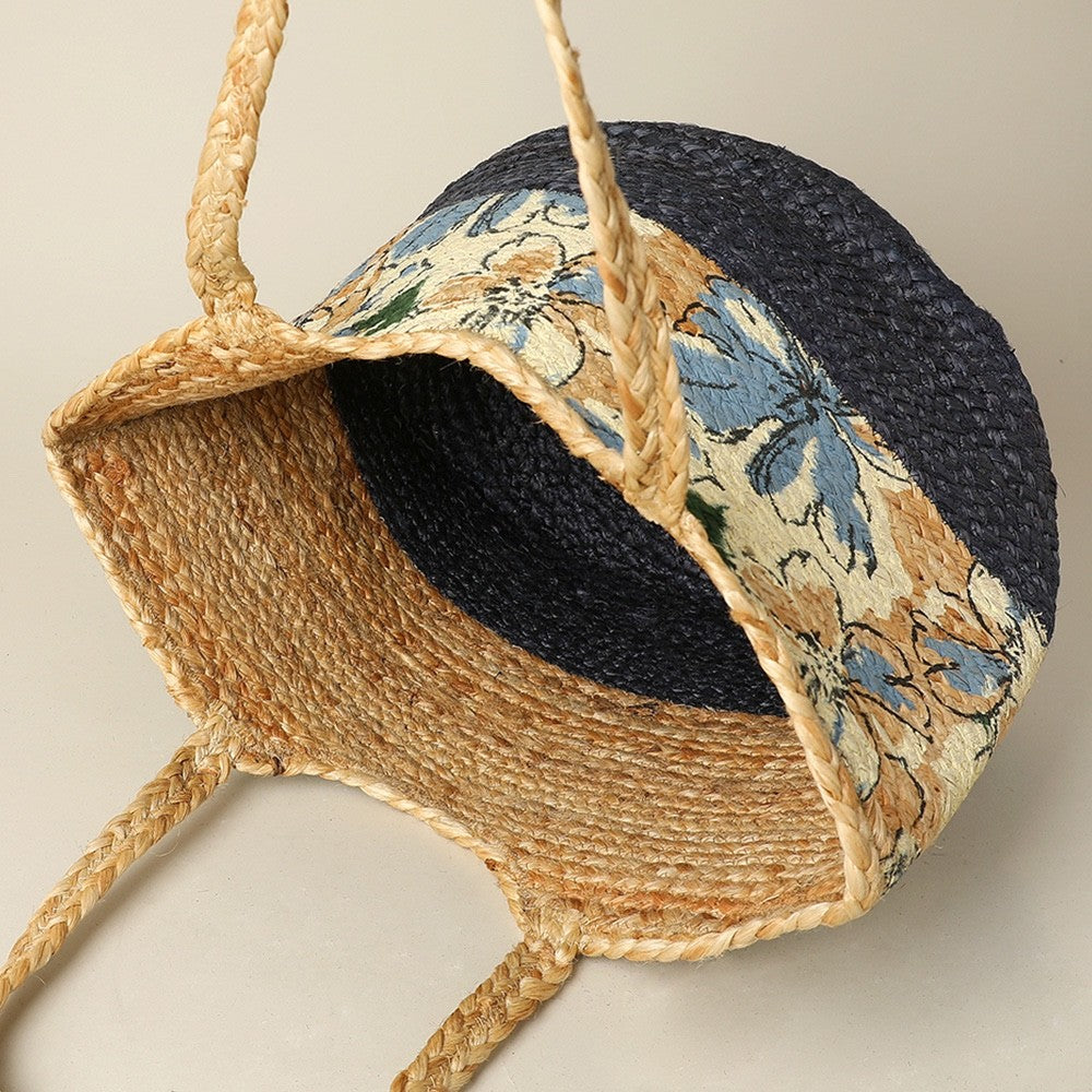 Floral Woven Straw Tote Bag Large Summer Beach Handbag with Shoulder Straps