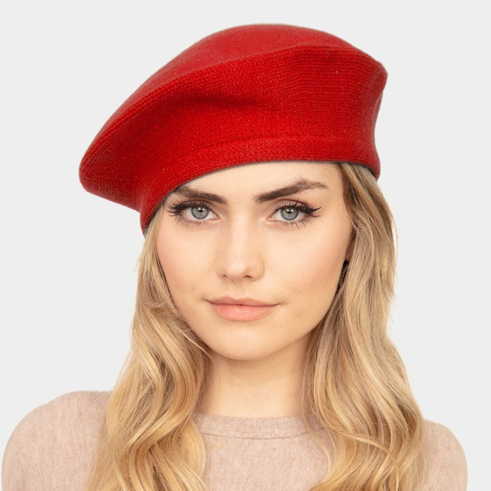 Stretchy Solid Color Beret Hat for Women Men Unisex Soft Knit Beanie Cap Red