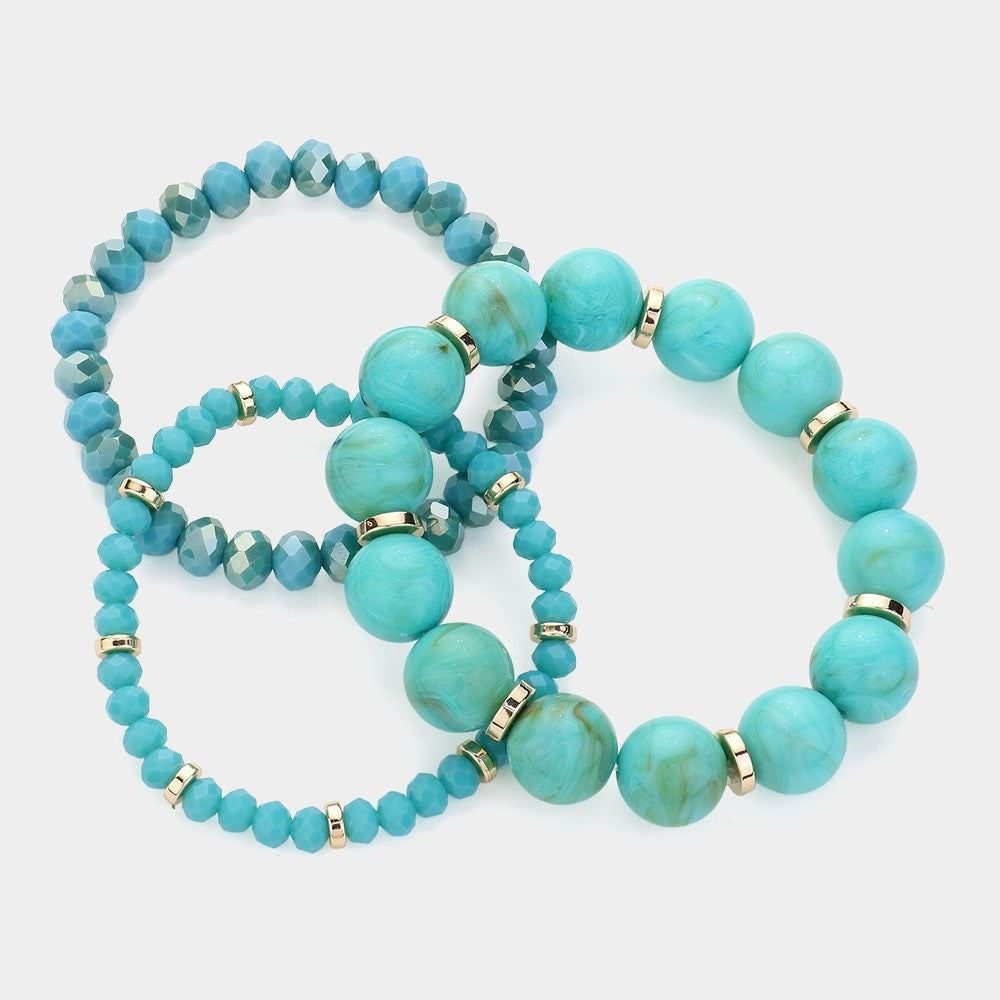 Women’s 3PCS Turquoise Round Beaded Stretch Bracelet Set Multi Layered Jewelry
