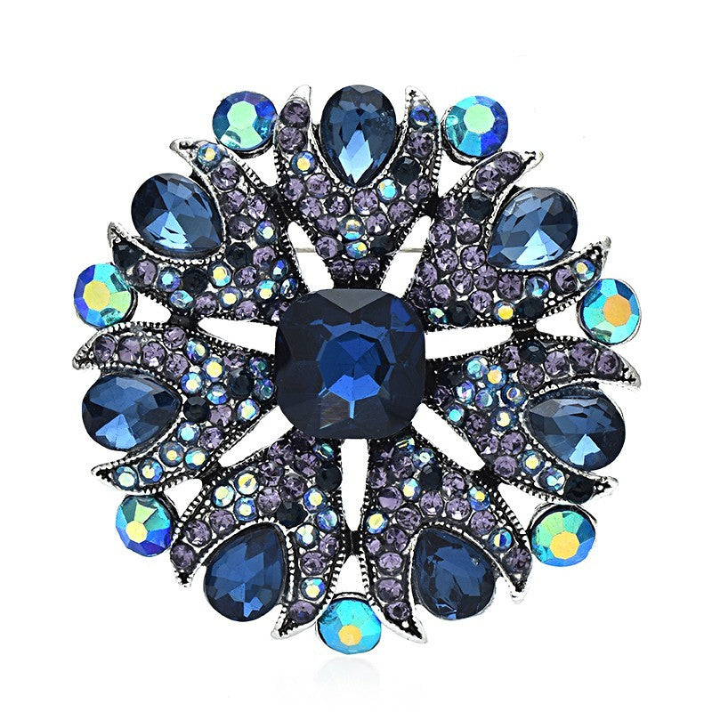 Ornate Blue Crystal Starburst Brooch Pin Dark Blue Center Stone Vintage S