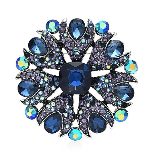 Ornate Blue Crystal Starburst Brooch Pin Dark Blue Center Stone Vintage S