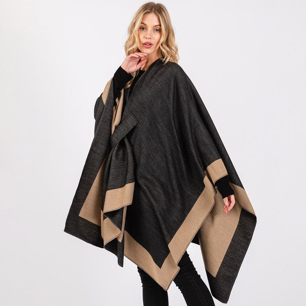 Two Tone Ruana Poncho Women Pull Through Shawl Knit Cape Wrap Cozy Layering
