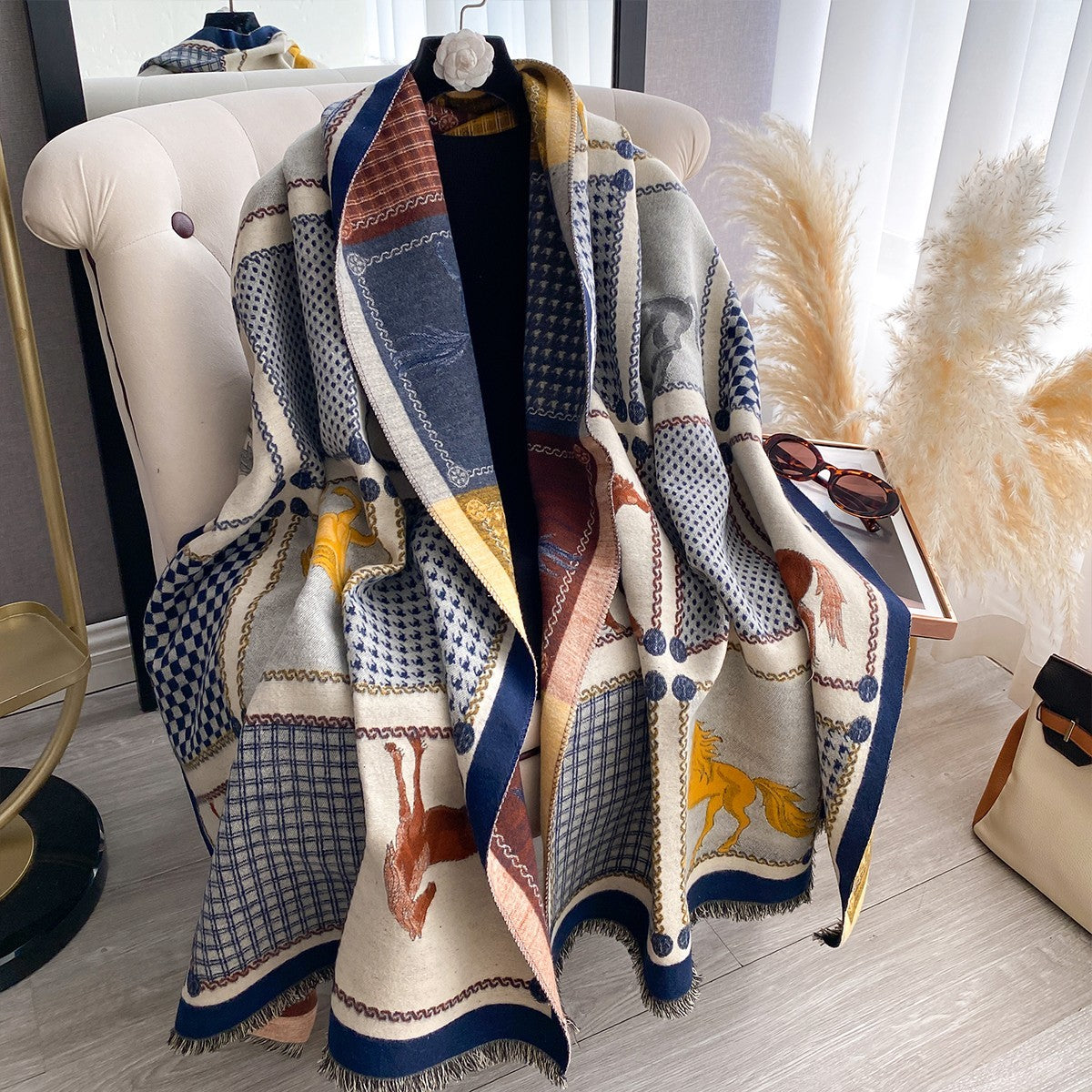 Oversized Equestrian Horse Patchwork Plaid Scarf Shawl Wrap Fringed Fall Winter