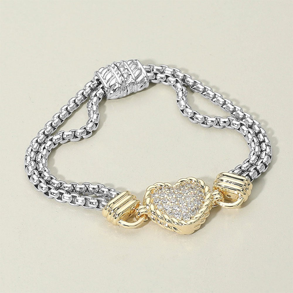 Two-Tone CZ Pave Heart Box Chain Bracelet Adjustable Magnetic Clasp Gift