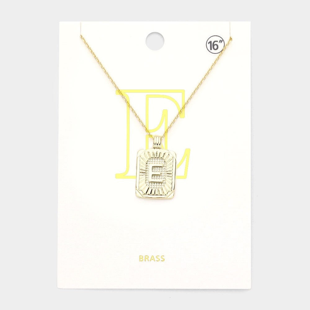 Gold Initial "E" Rectangular Sunburst Pendant Necklace - Brass Fashion Jewelry