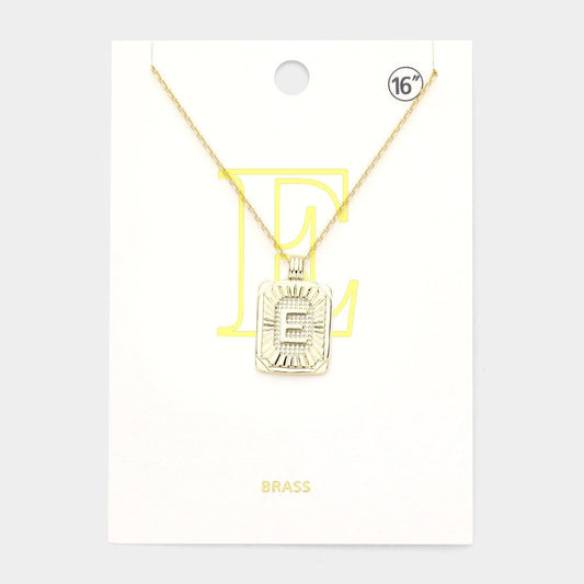 Gold Initial "E" Rectangular Sunburst Pendant Necklace - Brass Fashion Jewelry