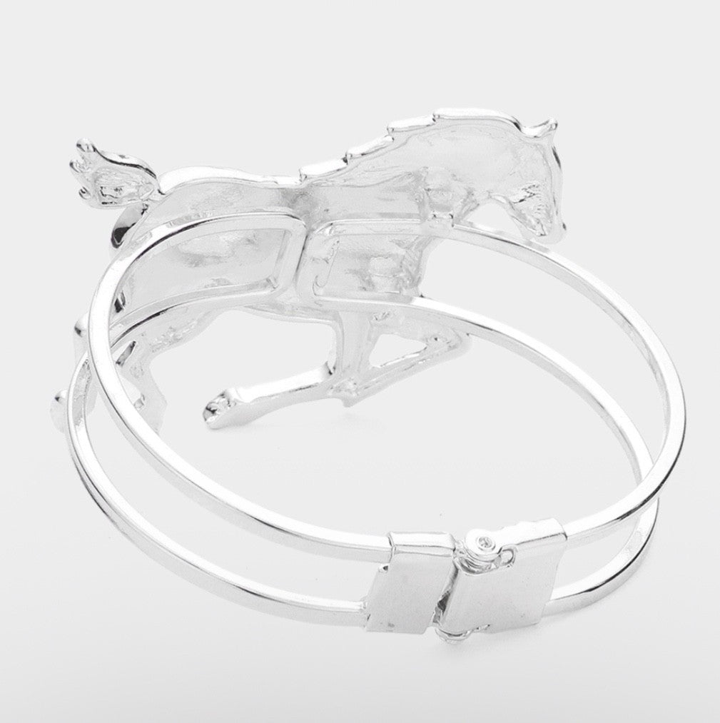 Silver Ornate Western Running Horse Hinged Cuff Bracelet - Equestrian Jewelry