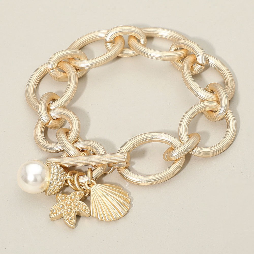 Gold Chunky Link Toggle Bracelet with Nautical Shell Starfish and Pearl Charms
