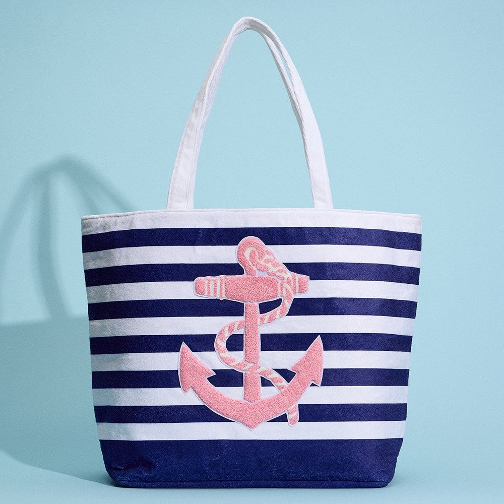 Nautical Striped Canvas Beach Tote Bag with Pink Anchor Patch