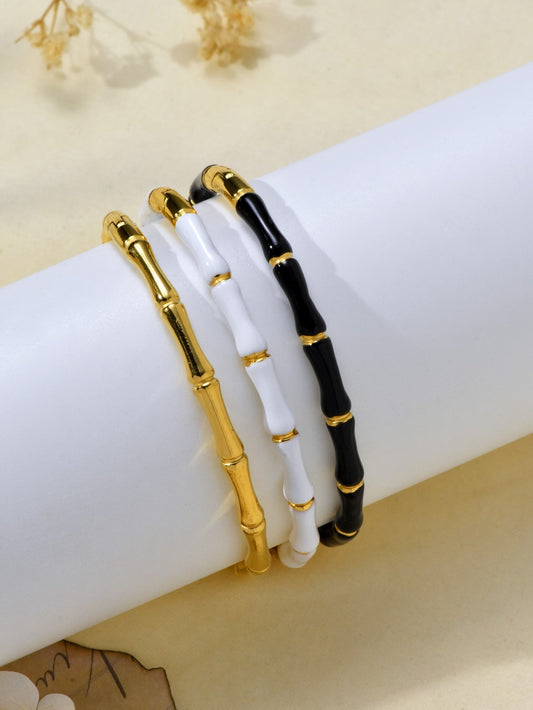3PC Bamboo Bangle Bracelet Set Gold Tone White Black Enamel Stackable