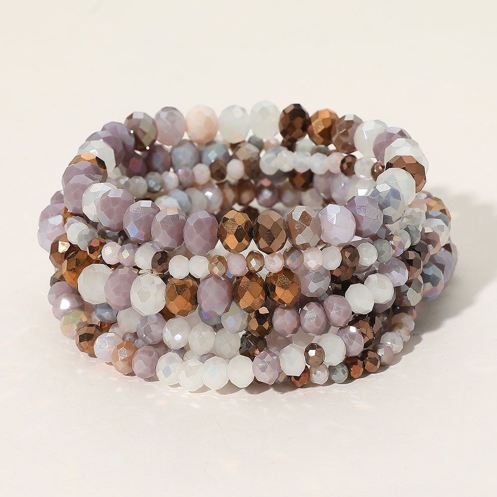 9pcs Mauve & Bronze Multi-Strand Stackable Beaded Stretch Bracelet Set 2" H