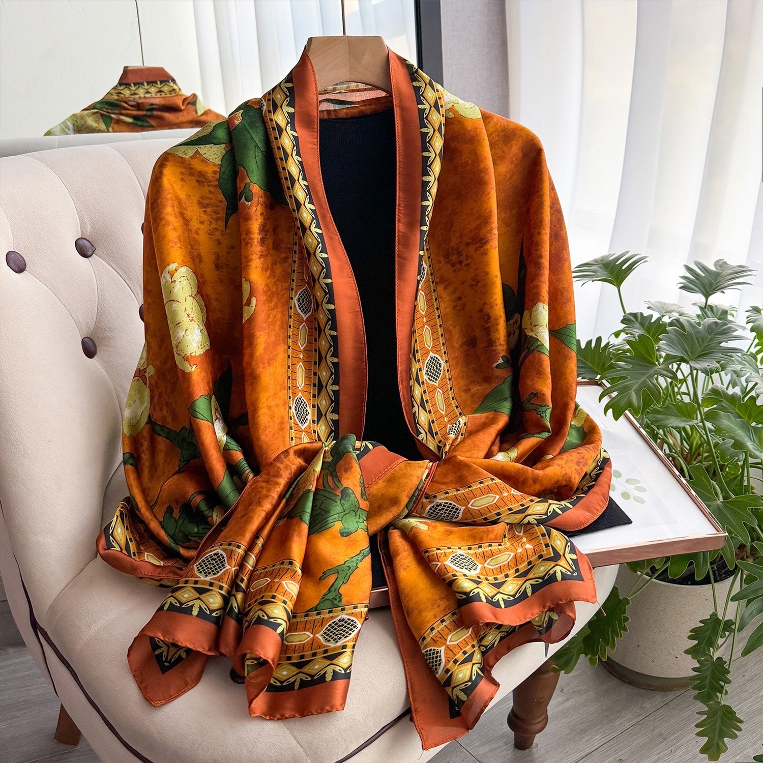 Orange Floral Print Scarf Wrap Silk Feel Large 71x35in Women's Gift