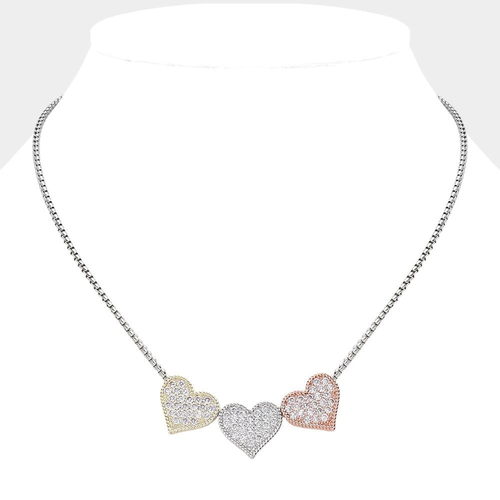 Women's 14K Gold Plated Cubic Zirconia Stone Paved Triple Heart Pendant Necklace