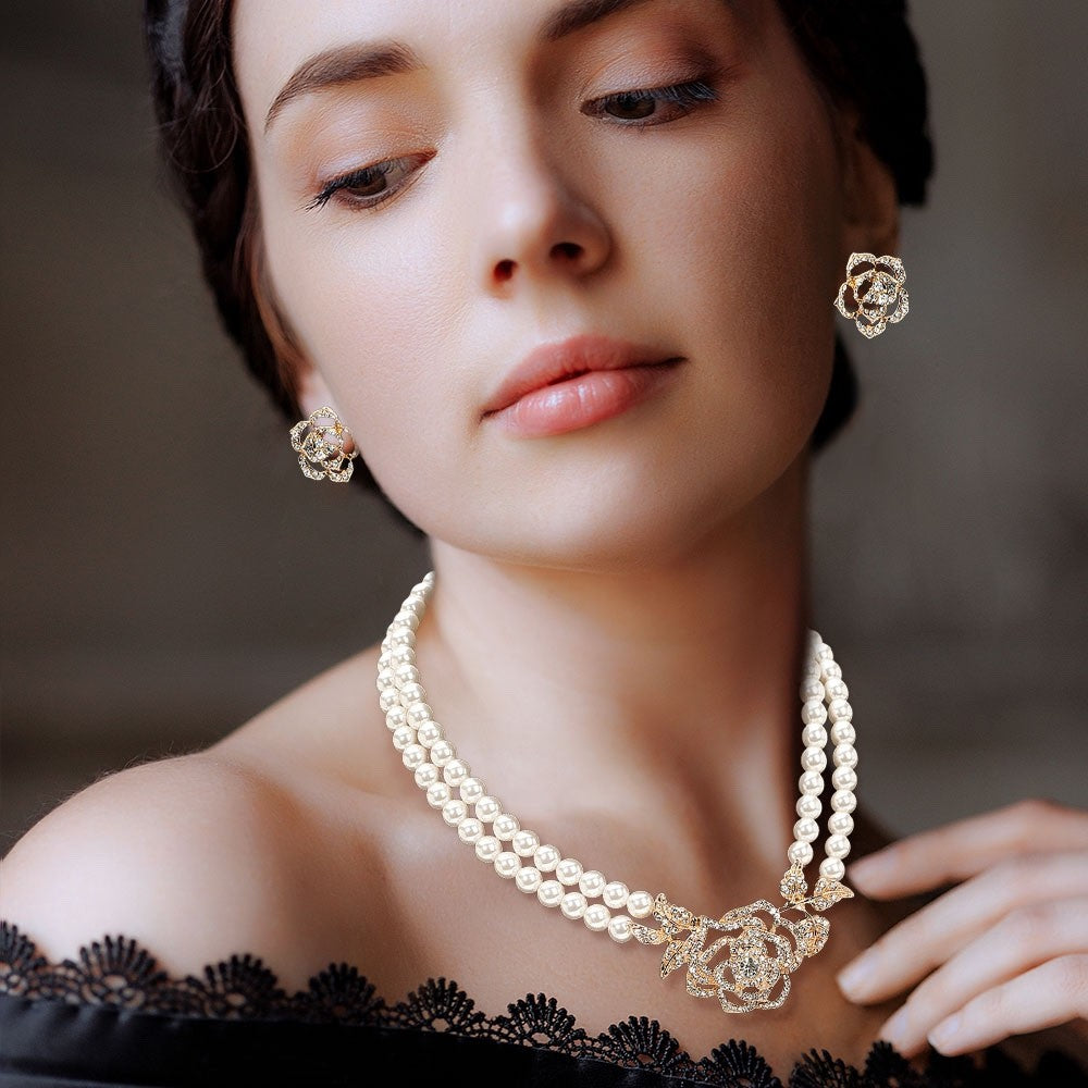 2pc Gold Rose Flower Double Strand Cream Pearl Necklace & Stud Earrings Set