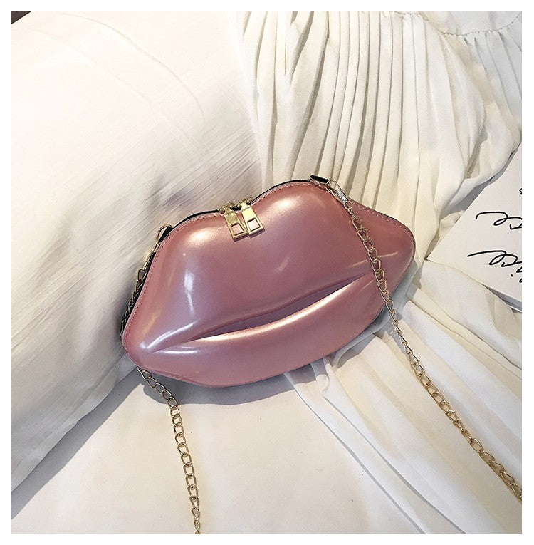 Lips Shaped Clutch Bag Women Pink Patent Leather Crossbody Purse Gold Chain