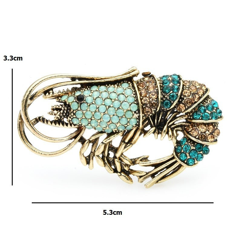 Vintage Style Crawfish Brooch Pin Green Blue Brown Rhinestones Statement