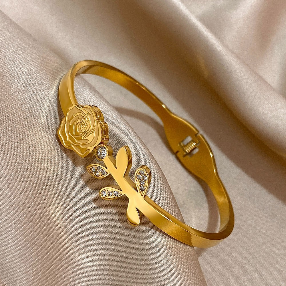 Gold Rose Leaf Bangle Bracelet Hinged Cuff Crystal Rhinestone Jewelry