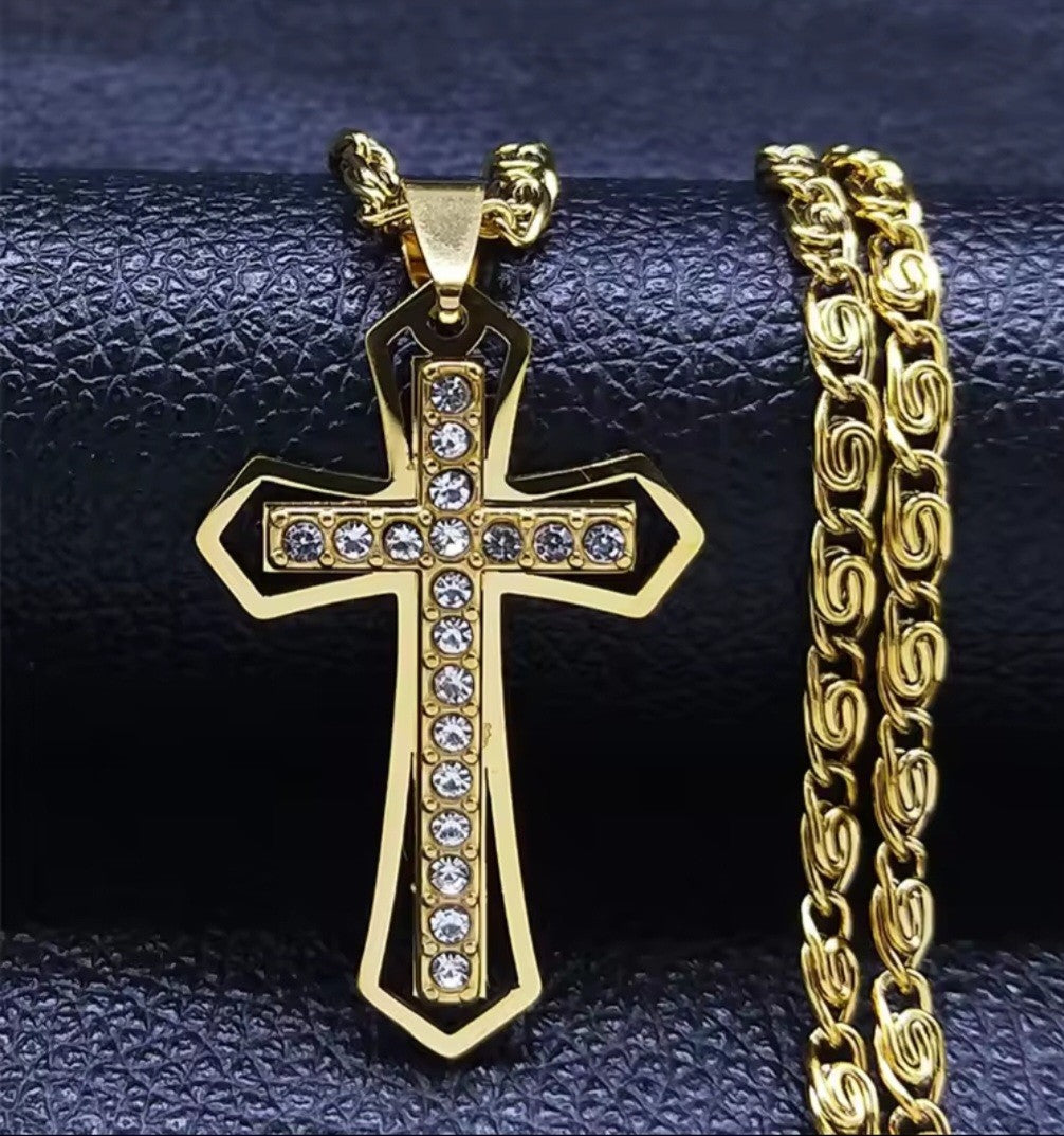Men's Gold Stainless Steel Cross Necklace Byzantine Chain Rhinestone Pendant