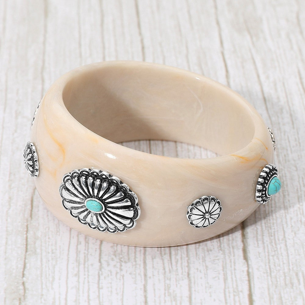 2pcs Resin Bangle Bracelets Amber Beige Faux Turquoise Silver Floral Southwester