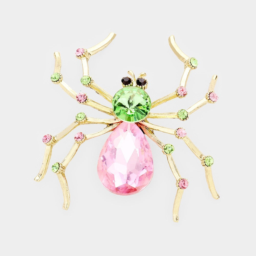 2PC Gold Pink Green Brown Spider Brooch Pin Set Teardrop Crystal Jewelry Gift