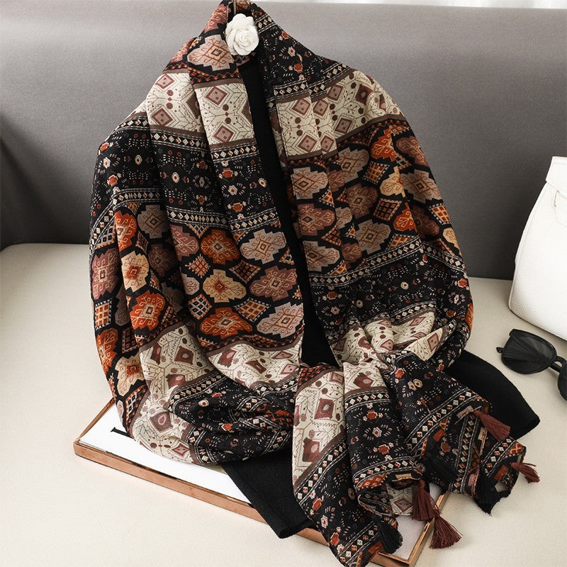 2PCS Women's Oversized Geometric Tassel Shawl Scarf Black & Green/Brown 72.8in