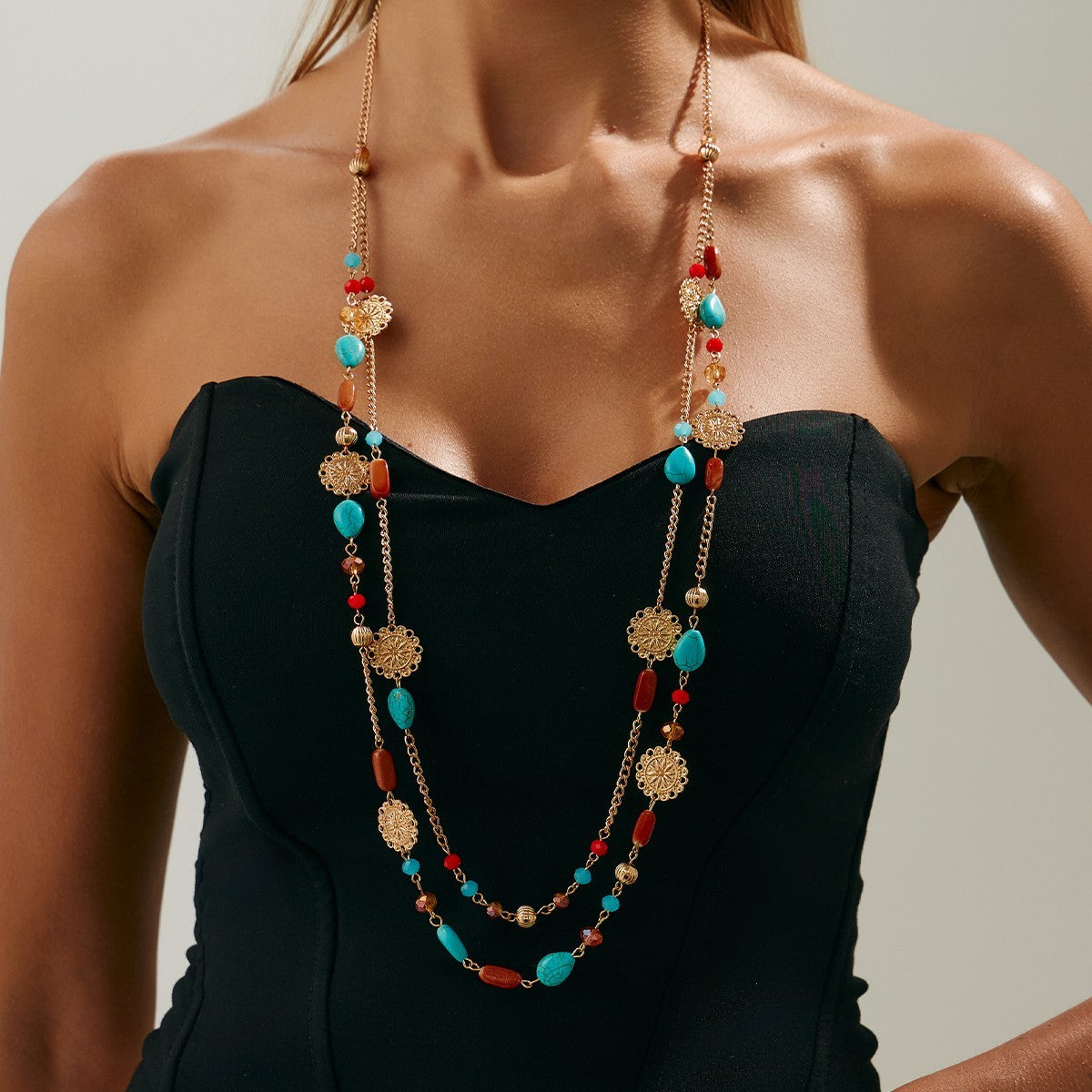 Bohemian Turquoise Beaded Multi-Strand Gold Coin Statement Necklace