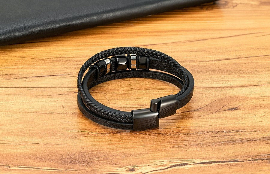 3 Colors Men Lion Head Leather Bracelet Set Stainless Steel Magnetic Clasp