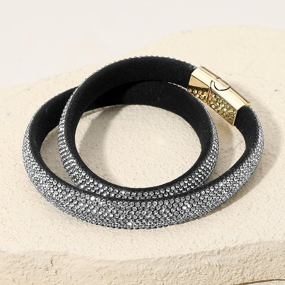 Black Velvet Rhinestone Crystal Double Wrap Bracelet Magnetic Gold Clasp 16" L