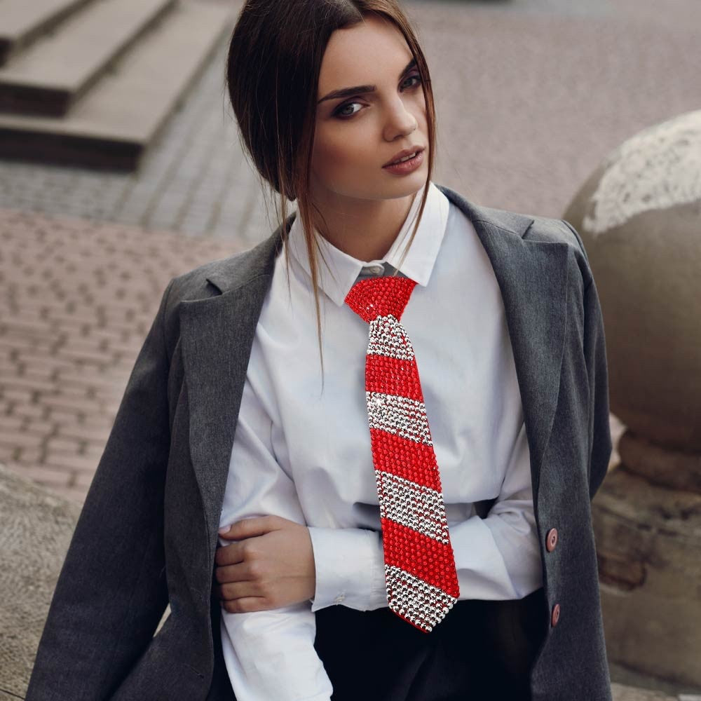 Red and Silver Rhinestone Striped Necktie Necklace Glam Party Statement Jewelry