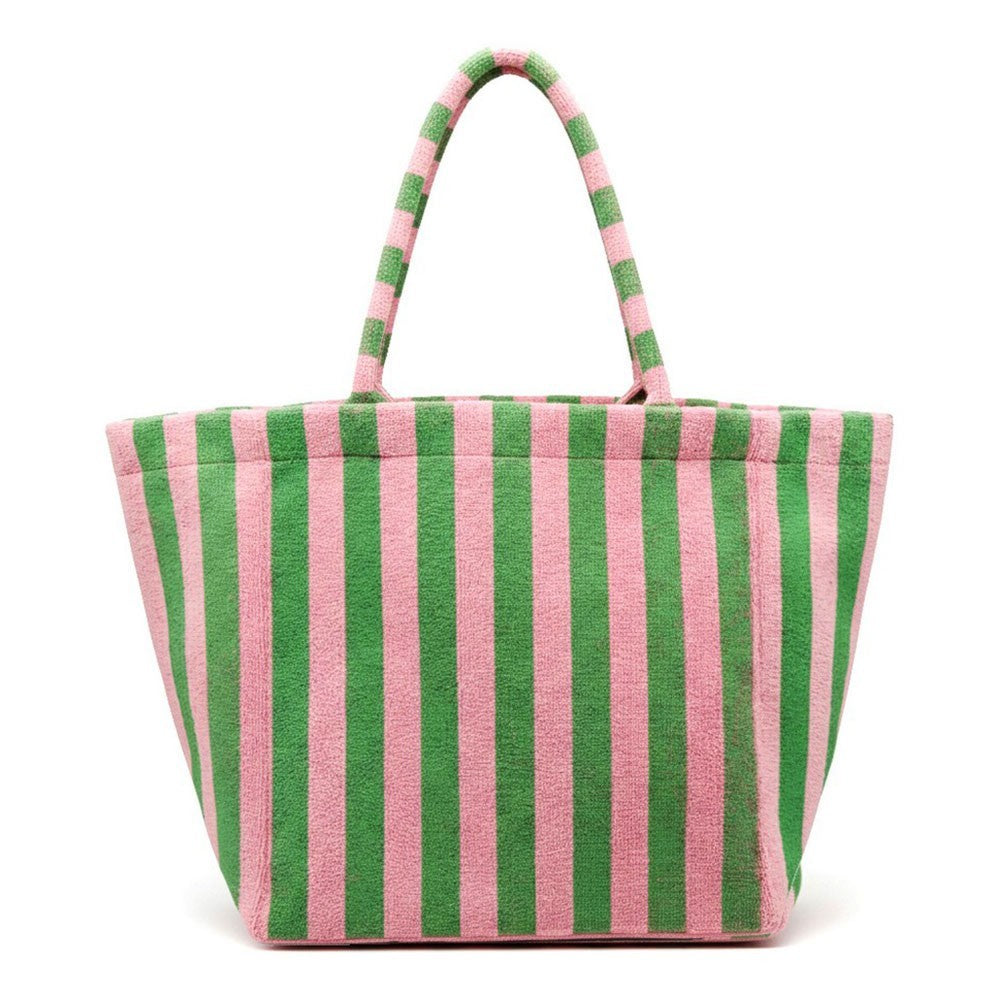 Terry Tote Bag Pink Green Striped Polyester Inner Pocket Magnetic Snap Closure