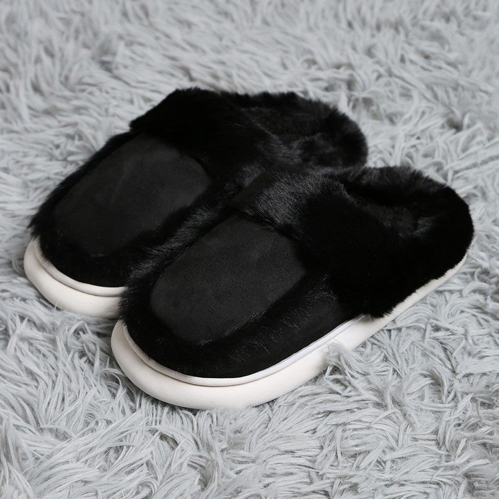 Fluffy Black Slippers Women's Faux Fur Cozy House Shoes Slip-On Indoor S/M