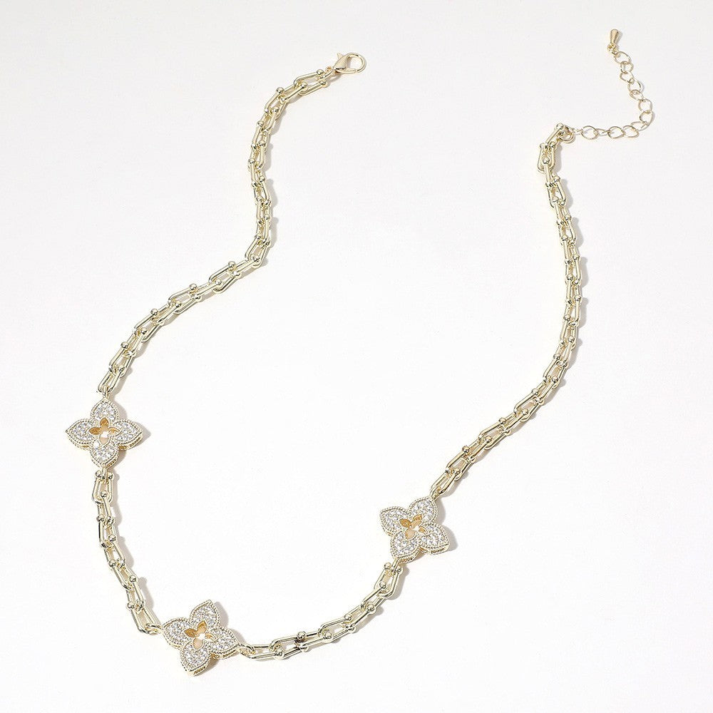 14K Gold Plated CZ Clover Station Necklace – Sparkling Dainty Chain Jewelry