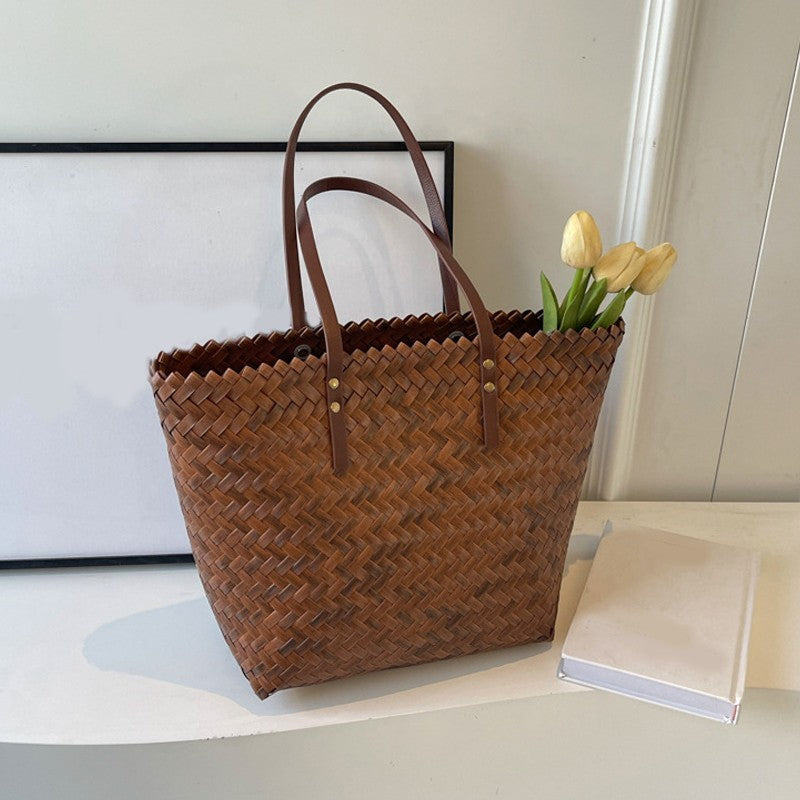 Handwoven Basket Weave Rattan Straw Tote Bag Large Capacity Brown Bags
