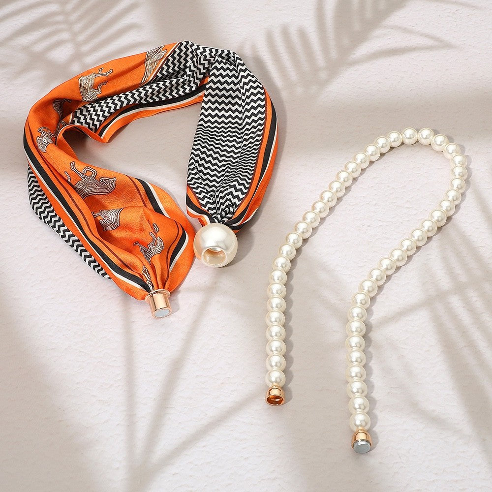 Orange Equestrian Pattern Scarf & Faux Pearl Beaded Statement Fashion Necklace