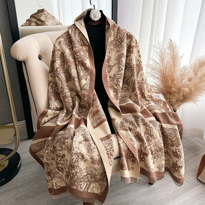 Oversized Light Tan Toile De Jouy Print Blanket Scarf Shawl Wrap Fringed Warm