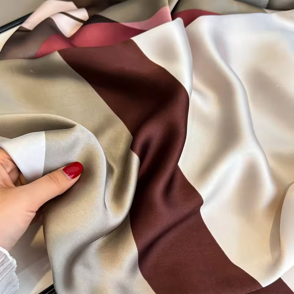 Silk Feel Large Scarf Geometric Print Brown Pink Shawl Wrap 71" x 35"