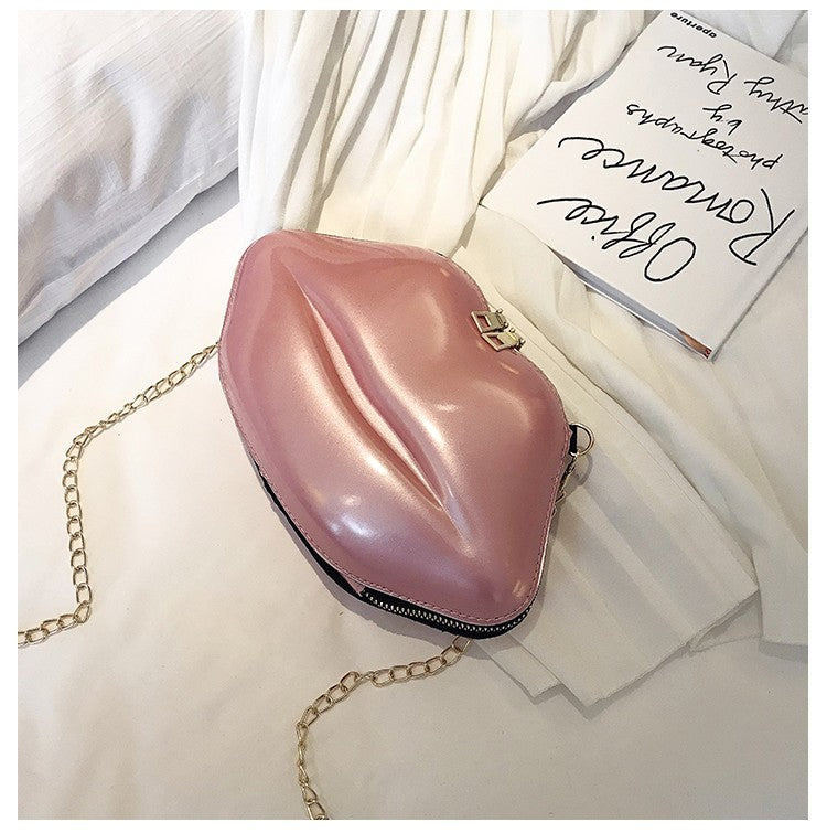 Lips Shaped Clutch Bag Women Pink Patent Leather Crossbody Purse Gold Chain