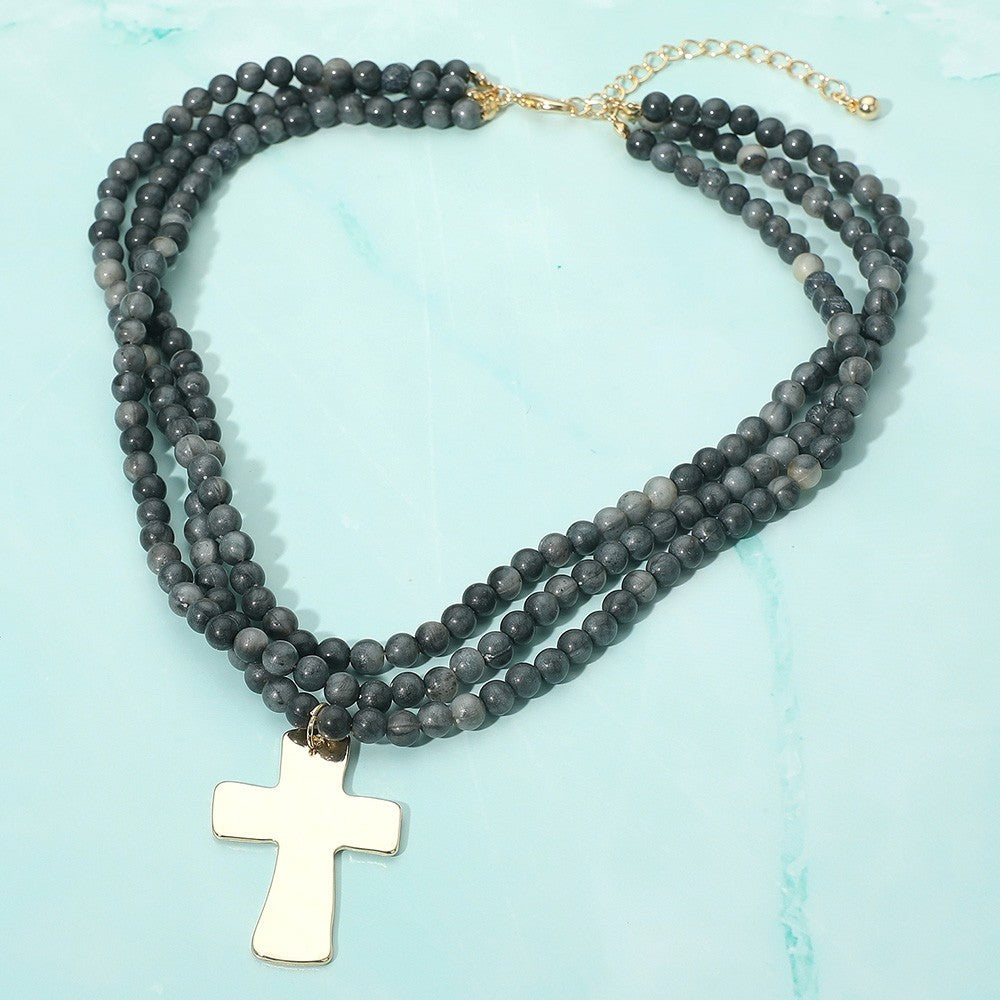 Gray Beaded Necklace with Gold Cross Pendant, Multi-Layer Fashion Jewelry