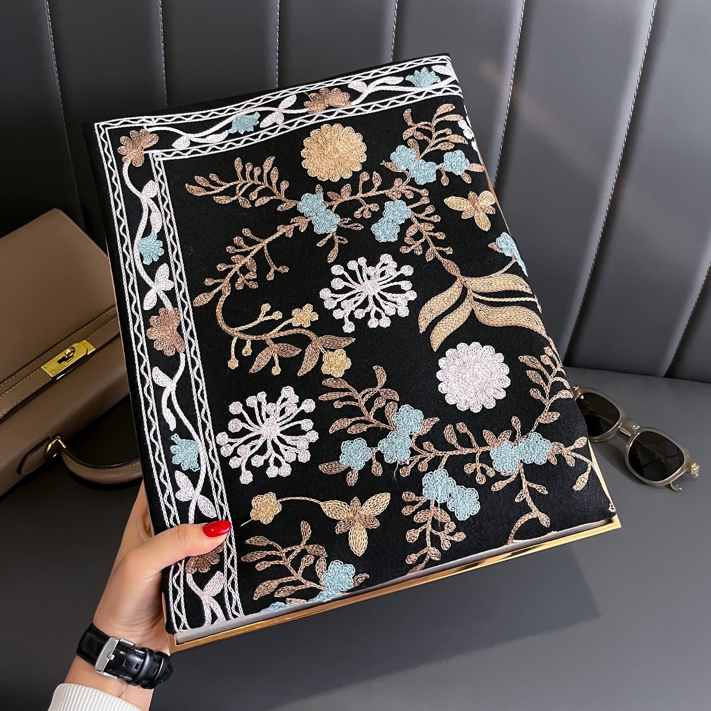 Black Floral Embroidered Scarf Shawl Wrap Fringed Soft Warm Cashmere Feel Winter