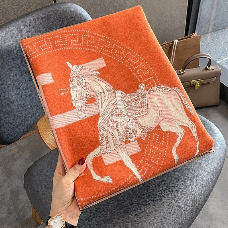 Oversized Cashmere Feel Scarf Polyester Horse Print Wrap Shawl