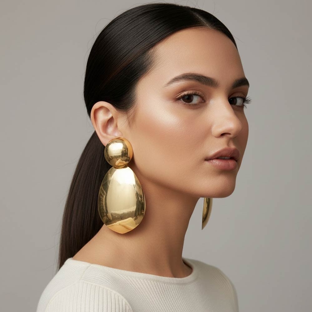 Bold High-Polish Gold Tone Oversized Geometric Tiered Drop Statement Earrings