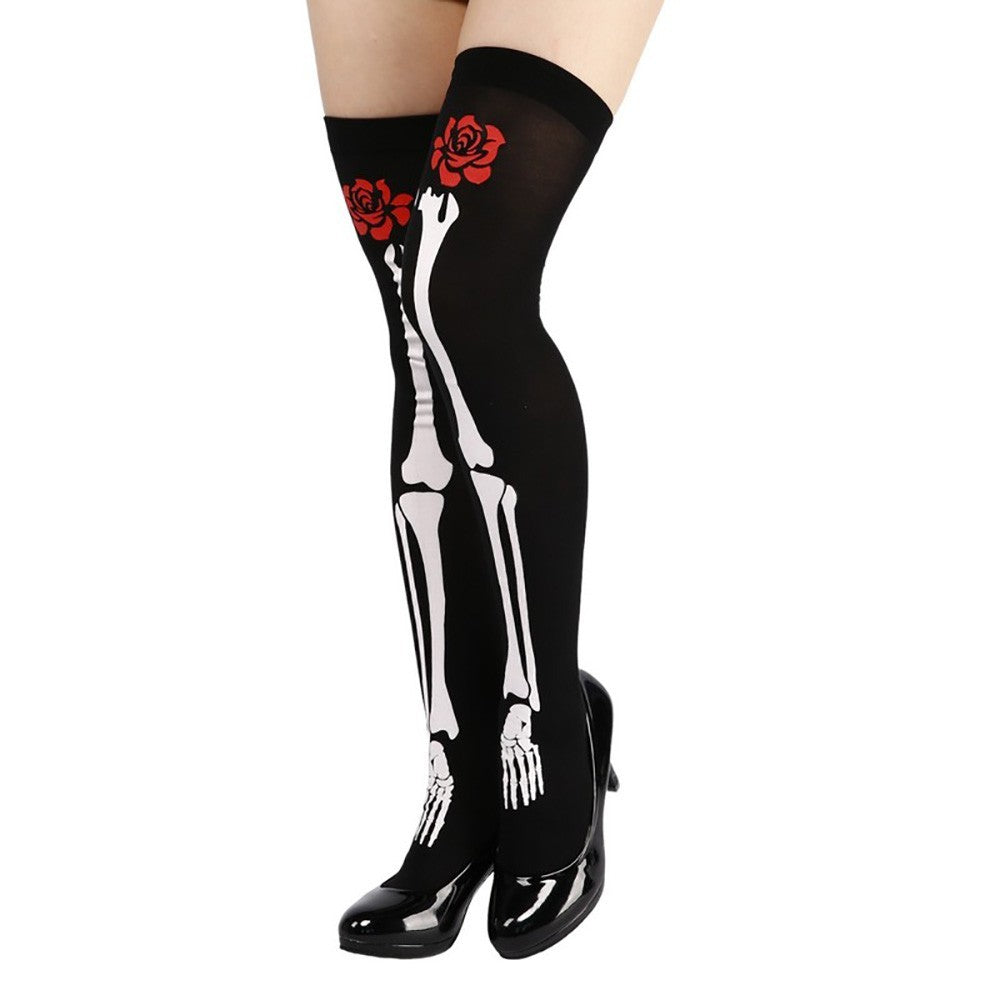 Rose Skull Skeleton Print Thigh High Stockings Women Halloween Costume Tights