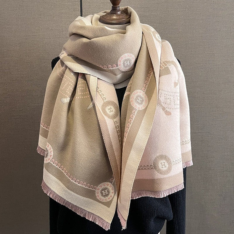 Dark Brown Beige Equestrian Cashmere-Feel Shawl Wrap Large Horse Print