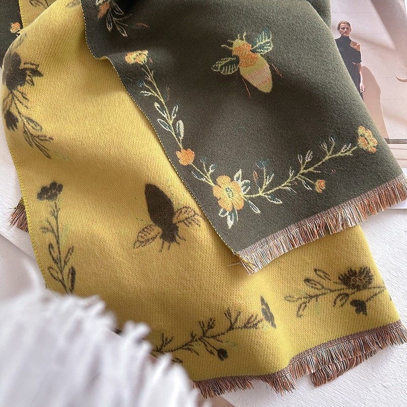 Reversible Bee & Floral Scarf Shawl Wrap Green Mustard Yellow Fringe New