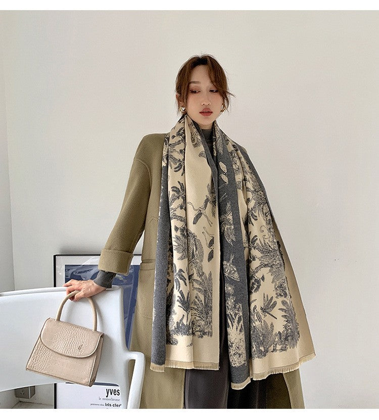 Neutral Toile De Jouy Print Scarf Shawl Wrap Winter Warm Long Reversible