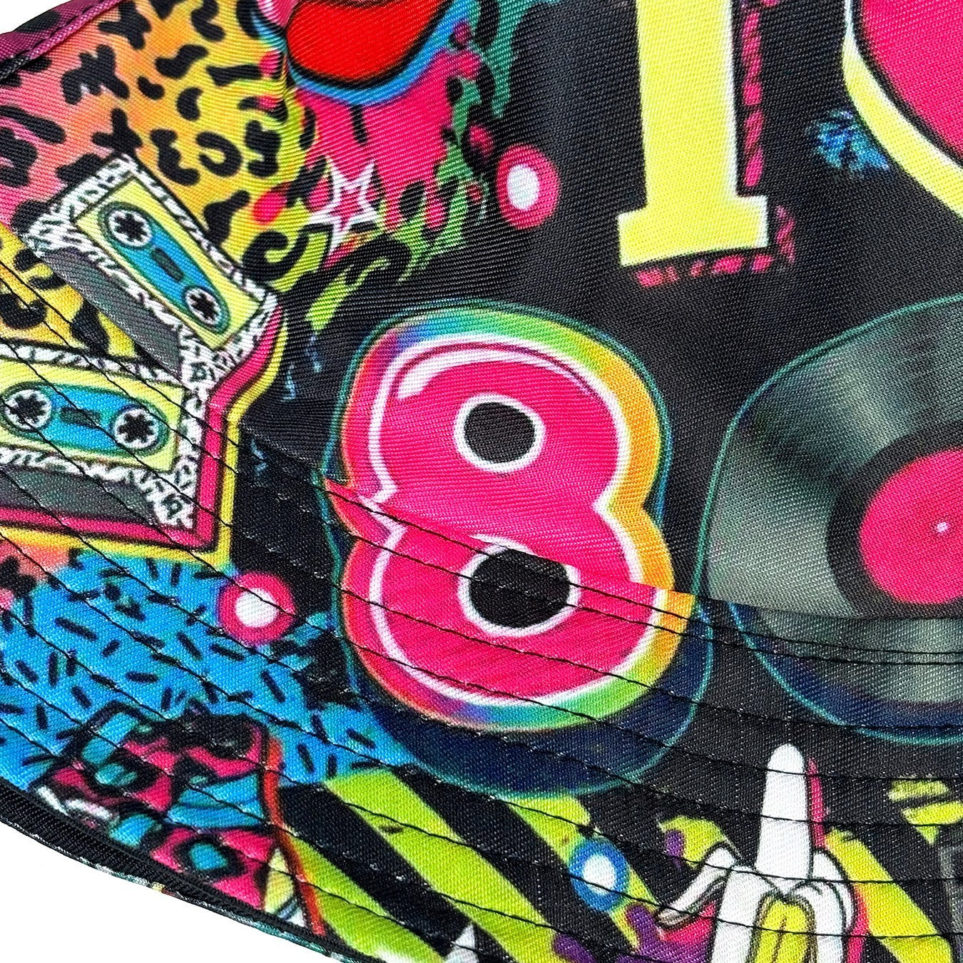 Retro 80s Reversible Bucket Hat Neon Pop Art Festival Sun Cap Black I Heart 80s