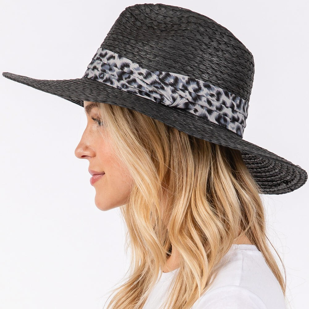 Leopard Band Straw Sun Hat for Women Wide Brim Summer Beach Travel Hat Black